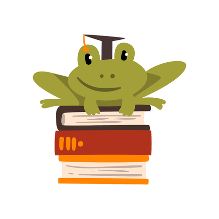 Frog in graduation cap sitting on a pile of books, cute amphibian animal cartoon character, school education and knowledge concept vector Illustration isolated on a white background.のイラスト素材