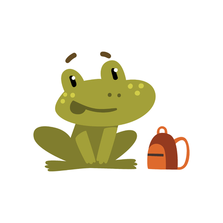 Cute little frog, funny amphibian animal cartoon character, school education and knowledge concept vector Illustration isolated on a white background.のイラスト素材