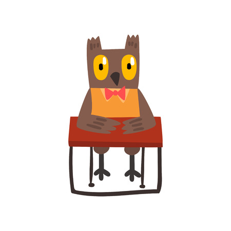 Cute owl bird cartoon character sitting at the desk, school education and knowledge concept vector Illustration isolated on a white background.のイラスト素材