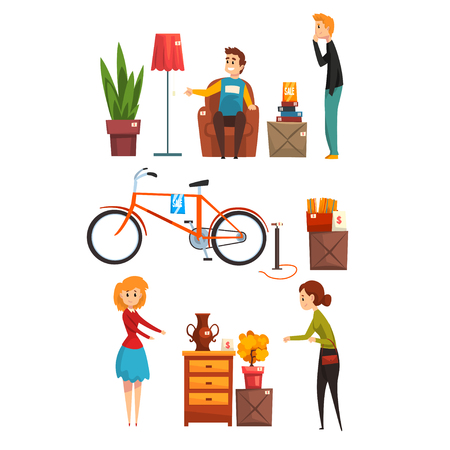 People buying and selling items at a garage sale set vector Illustration isolated on a white background.のイラスト素材