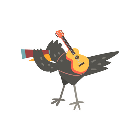 Raven travelling with guitar and spyglass, cute cartoon bird having hiking adventure travel or camping trip vector Illustration on a white backgroundのイラスト素材