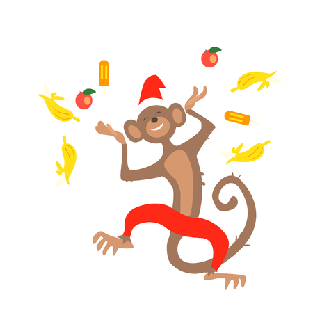 Jumping Christmas Monkey with Confetti Fruit. Vector Illustration.のイラスト素材