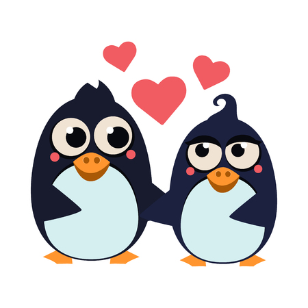 Cute Penguin Couple in Love with Hearts. Vector Illustrationのイラスト素材