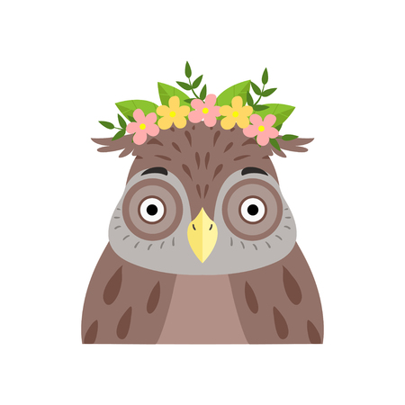 Owl wearing a wreath of flowers, cute cartoon bird character avatar vector Illustration isolated on a white background.のイラスト素材