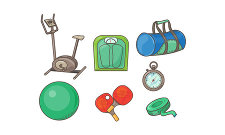 Fitness sport icons set, exercise bike, scales, bag, measuring tape, fitball, table tennis rackets, stopwatch vector Illustration isolated on a white background.のイラスト素材
