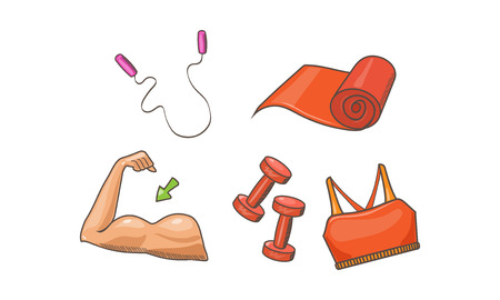 Fitness sport icons set, biceps, jump rope, mat, dumbbell, sports bra vector Illustration isolated on a white background.のイラスト素材