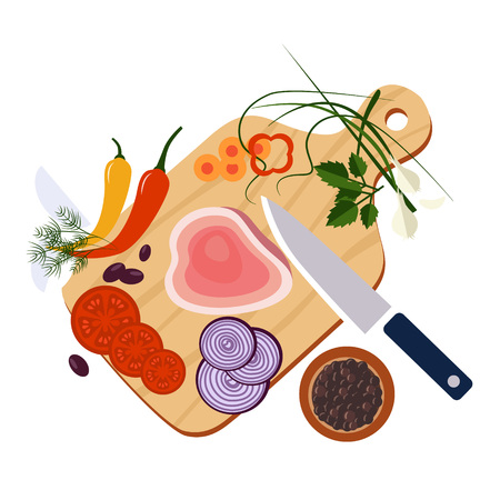 Food preparation Knife, meat, onions and spices Vector flat illustrationsのイラスト素材