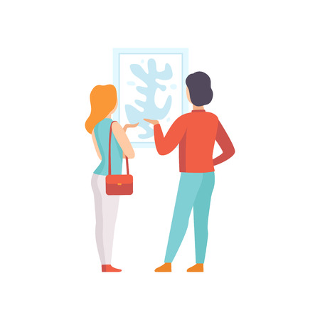 Man and woman looking at the painting hanging on the wall, exhibition visitor viewing museum exhibit at art gallery, back view vector Illustration on a white backgroundのイラスト素材