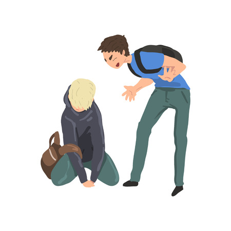 Sad teen boy sitting on floor another boy mocking him, conflict between children, mockery and bullying  at school vector Illustration on a white backgroundのイラスト素材