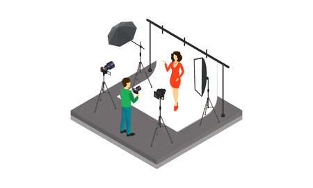 Young woman posing in photography studio, professional photographer at work vector Illustration isolated on a white background.のイラスト素材