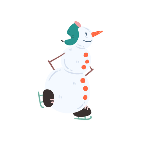 Funny snowman character skating, Christmas and New Year holidays decoration element vector Illustration isolated on a white background.のイラスト素材