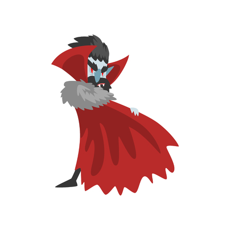 Creepy vampire cartoon character in a red cape, Count Dracula vector Illustration isolated on a white background.のイラスト素材