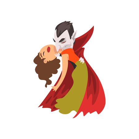 Count Dracula biting a beautiful woman, vampire cartoon character vector Illustration isolated on a white background.のイラスト素材