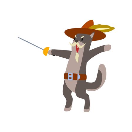musketeer cat character fighting with sword vector Illustration on a white backgroundのイラスト素材