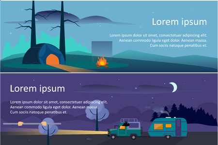 Summer camping horizontal banners, travel, eco tourism, touristic tent and camp trailer at night vector Illustration, web designのイラスト素材