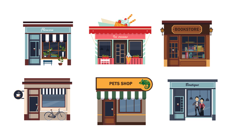 Facades of various shops set, flower, ice cream, bookstore, cafe, pets shop, boutique vector Illustration on a white backgroundのイラスト素材