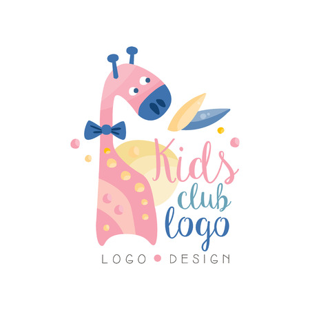 Kids club design, emblem with cute giraffe can be used for education center, baby shop, kids market, kindergarten and any other children projects vector Illustrationのイラスト素材