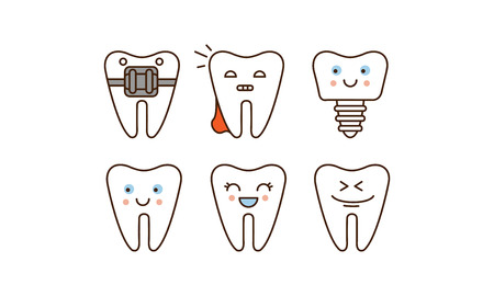 Stomatology and dental line icons set, cute teeth with different facial expressions vector Illustration on a white backgroundのイラスト素材