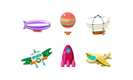 Cute cartoon aircrafts bright colors set, blimp, biplane, rocket, hot air balloon vector Illustration isolated on a white background.のイラスト素材