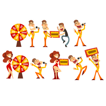People taking part and winning in lottery, quiz show vector Illustration isolated on a white background.のイラスト素材