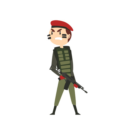 Military man with gun, soldier warlike character in camouflage uniform and red beret cartoon vector Illustration isolated on a white background.のイラスト素材