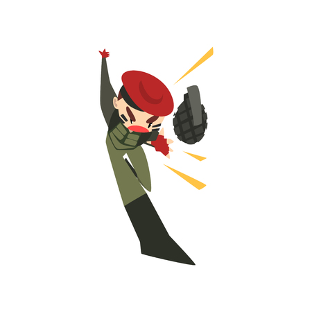 Military man throwing a grenade, soldier character in camouflage uniform and red beret cartoon vector Illustration isolated on a white background.のイラスト素材
