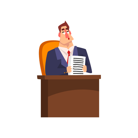 Successful businessman character sitting at his desk and working with documents cartoon vector Illustration isolated on a white background.のイラスト素材