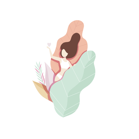 Lovely girl lying on the giant leaves, faceless young woman in beautiful nature, vector Illustration on a white backgroundのイラスト素材