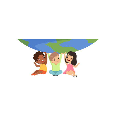 Cute multicultural little kids sitting under the globe and holding it vector Illustration isolated on a white background.のイラスト素材