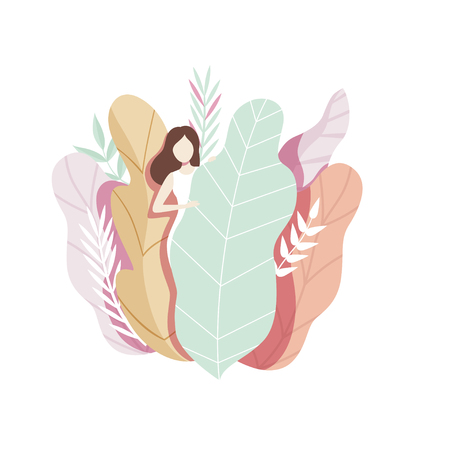 Beautiful girl with big leaves, faceless young woman in wonderful summer natural scenery vector Illustration isolated on a white background.のイラスト素材