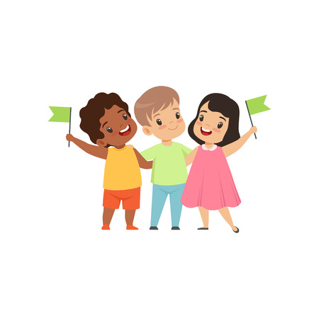 Multicultural little kids standing with flags together, friendship, unity concept vector Illustration isolated on a white background.のイラスト素材