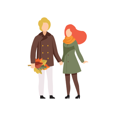 Happy couple in autumn season clothes walking with bouquet of colorful autumn leaves vector Illustration isolated on a white background.のイラスト素材