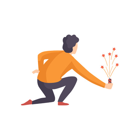 Young man launching fireworks rocket with sparkles, people celebrating holiday vector Illustration isolated on a white background.のイラスト素材