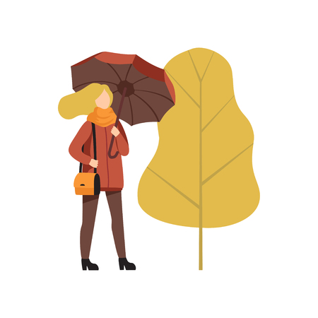 Young woman walking with umbrella in autumn outwear casual clothes vector Illustration isolated on a white background.のイラスト素材