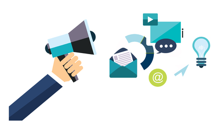 Hand holding megaphone with social media network design elements, digital marketing concept vector Illustration, web designのイラスト素材