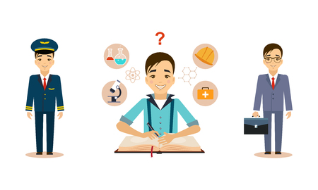 Men of different professions set, pilot, scientist, businessman, working people vector Illustration isolated on a white background.のイラスト素材