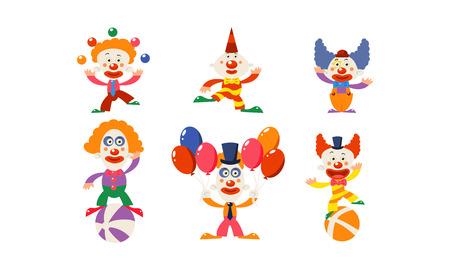 Set of funny clowns in different actions. Circus artists. Cartoon characters with makeup on faces and colorful hair. Graphic elements for advertising poster or banner. Isolated flat vector design.のイラスト素材