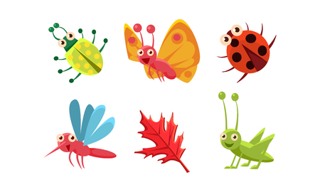 Collection of cute insects and red leaf. Grasshopper, butterfly, ladybug and mosquito. Funny cartoon characters. Smiling bugs. Colorful vector illustrations in flat style isolated on white background.のイラスト素材