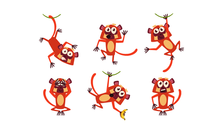 Set of funny brown lemur in different poses. Monkey with various emotions. Cartoon character of wild animal. Graphic elements for children book. Flat vector illustrations isolated on white background.のイラスト素材