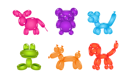 Set of 6 balloons in form of different animals. Inflatable children toys. Graphic elements for greeting card or party poster. Colorful vector illustrations in flat style isolated on white background.のイラスト素材