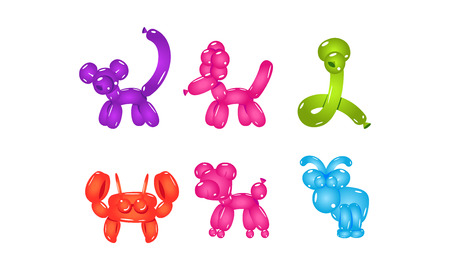 Collection of colorful animal-shaped balloons. Bright inflatable toys for children party Graphic elements for mobile game or postcard. Vector illustrations in flat style isolated on white background.のイラスト素材