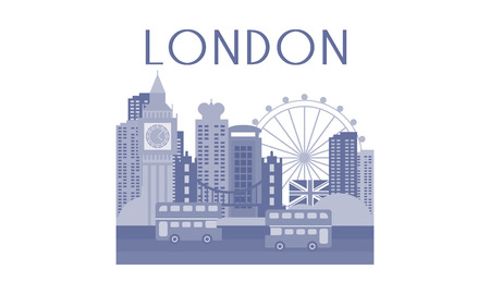 Monochrome vector illustration of London cityscape. Architecture, traditional buses, famous landmarks - Big Ben, bridge and ferris wheel. Travel to England. Graphic design for poster or postcard.のイラスト素材