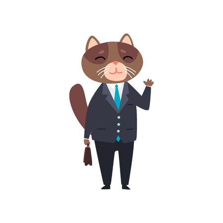 Businessman cat standing with briefcase, humanized animal cartoon character in a suit at work vector Illustration isolated on a white background.のイラスト素材