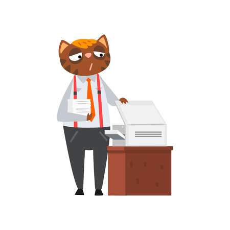 Businessman cat printing documents, funny humanized animal cartoon character standing next to printer in office vector Illustration isolated on a white background.のイラスト素材