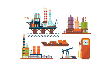 Flat vector set of oil and gas production industry icons. Oil platform, ship, factory buildings and fuel dispenserのイラスト素材