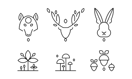 Collection of plants and wild animals head in linear style, forest decorative elements vector Illustration isolated on a white background.のイラスト素材