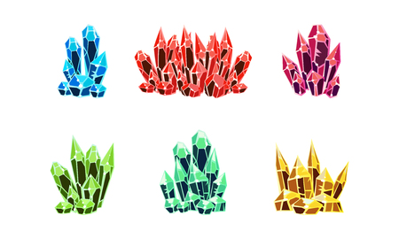Colorful bright crystals set, mineral stone rocks vector Illustration on a white backgroundのイラスト素材