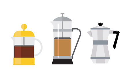 Set of 3 different coffee makers. Tasty drink. Hot beverage. Graphic elements for promo poster or banner. Cartoon vector design. Colorful illustrations in flat style isolated on white background.のイラスト素材