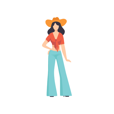 Young beautiful woman wearing vintage clothing and hat, retro fashion people from 70s vector Illustration isolated on a white background.のイラスト素材