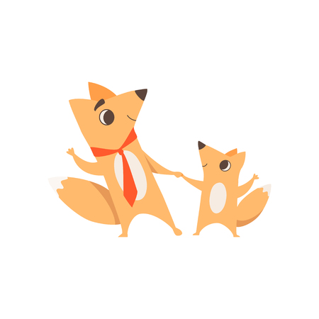 Loving father fox and his little baby holding hands and dancing, animal family, parenting concept vector Illustration isolated on a white background.のイラスト素材